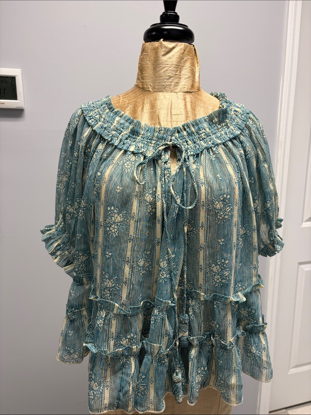 Free People Aqua Blue Floral Ruffled Peasant Top